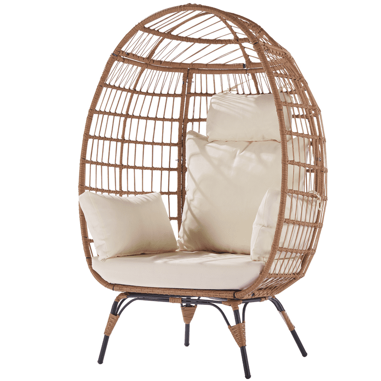 Sesslife Wicker Egg Chair with Stand Outdoor Indoor Oversized Lounger Rattan Peacock Egg Basket Chair for Patio Backyard Porch Comfy Outdoor Reading