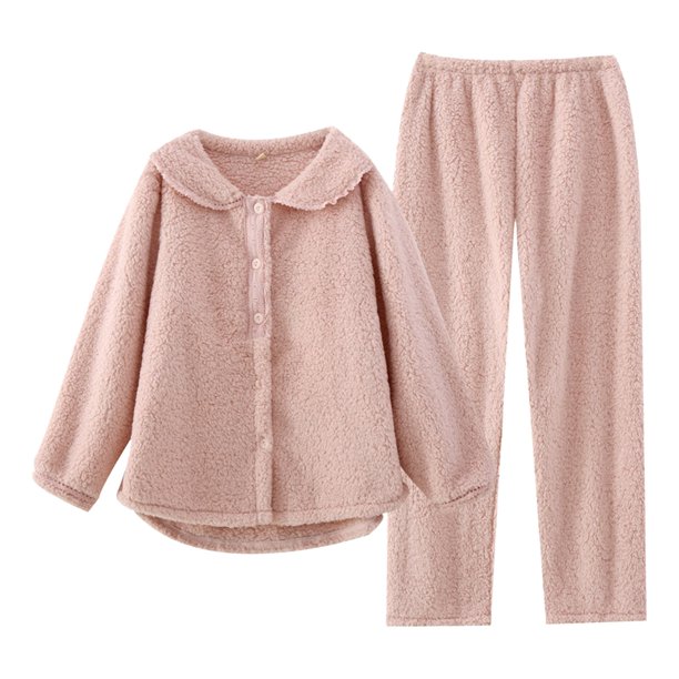 Conjuntos de pijama a juego Gibobby para mujer franela de terciopelo pantalones gruesos térmicos camisola para dormir (Rosa, XL)