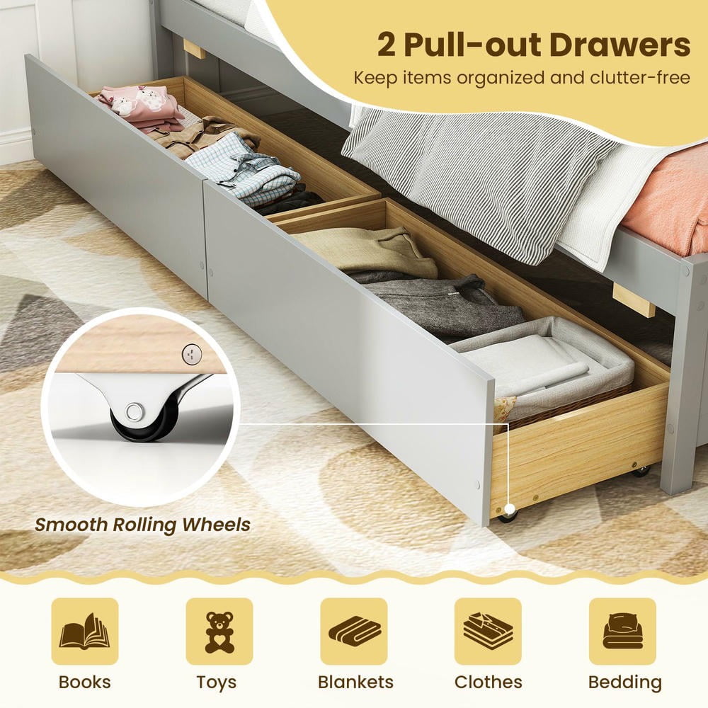 Barara King Twin Size Bedroom Trundle Bed Frame with 2 Storage Drawers and No Box Spring Needed, Bed Platform Frame for Bedroom, Apartment, Gray