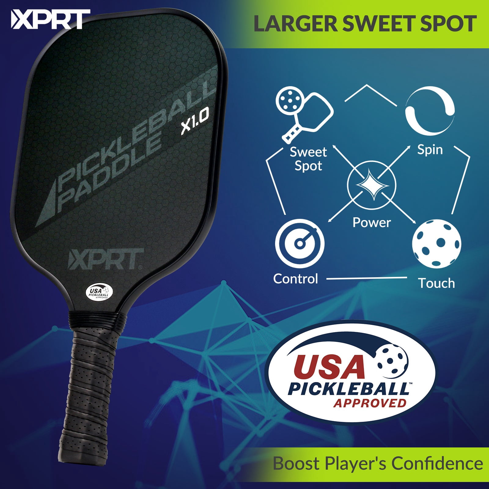 XPRT Fitness USAPA Approved Fiberglass Pickleball Paddle with 4 Outdoor Balls, 7.8 oz