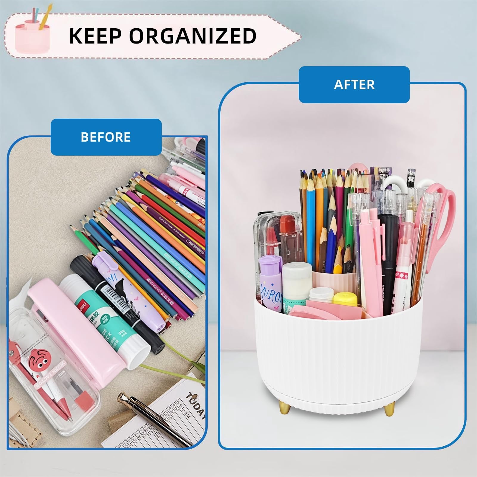 White Desk Organizer Set - 15-piece Office Supplies With 360° Rotating Pen Holder  Stapler Tape Dispenser & Clips For Home