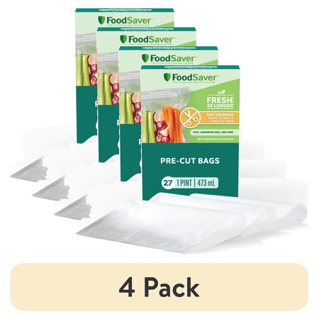 (4 pack) FoodSaver Pint Vacuum Seal Bags, 27 Count Pre-Cut BPA-Free Freezer Bags, Align to Seal & Tear to Open for Food Storage, Sous Vide, and Meal Prep