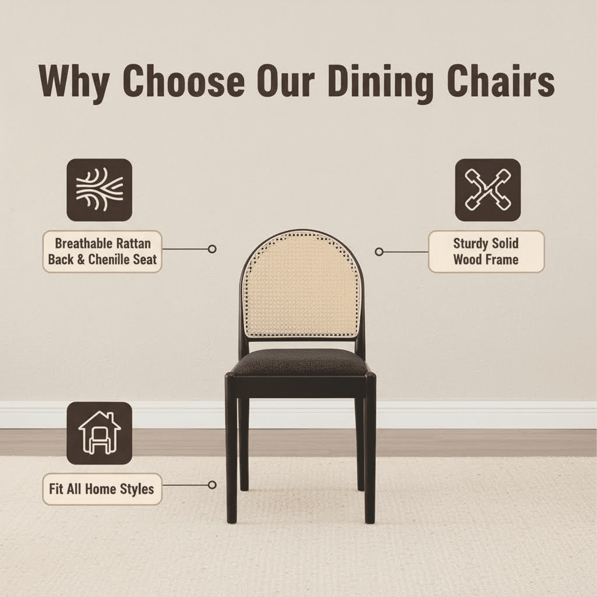 Leumius Rattan Dining Chairs Set of 2, Upholstered Linen Dining Room Chairs with Backrests, Modern Kitchen Chairs with Wood Legs for Dining Room, Black