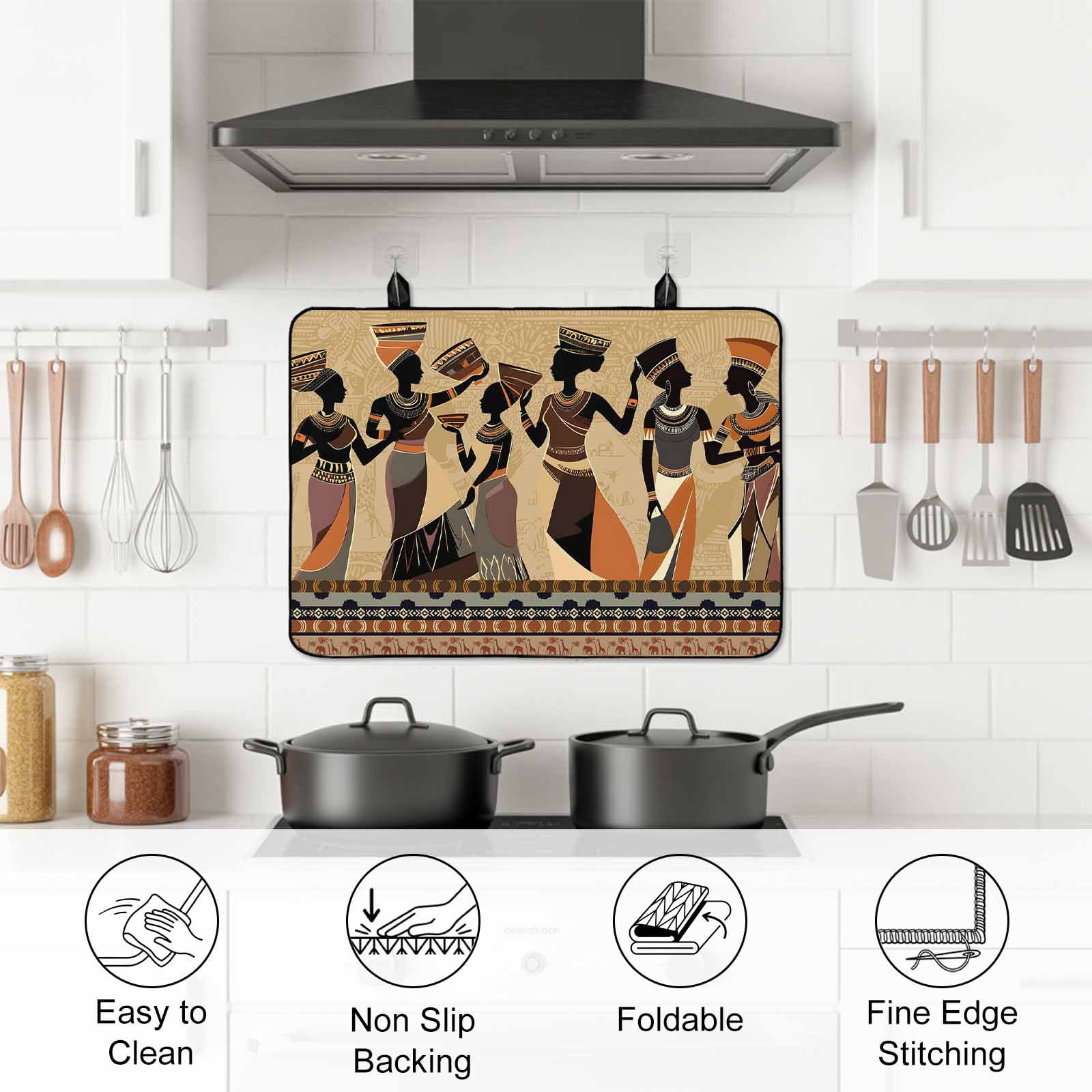 African Women Stove Top Cover for Electric Stove, Heat-proof & Non Slip Glass Top Stove Cover Protector, Black Girl Retro Ethnic Ancient Tradition Kitchen Flat Cooktop Rubber Mat 24x21 Inches