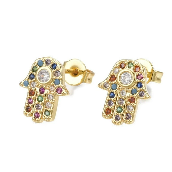 Zircon Earrings Studs Hamsa Hand Of Fatima Miriam Gold 11X9Mm Pin 0.7Mm  P638