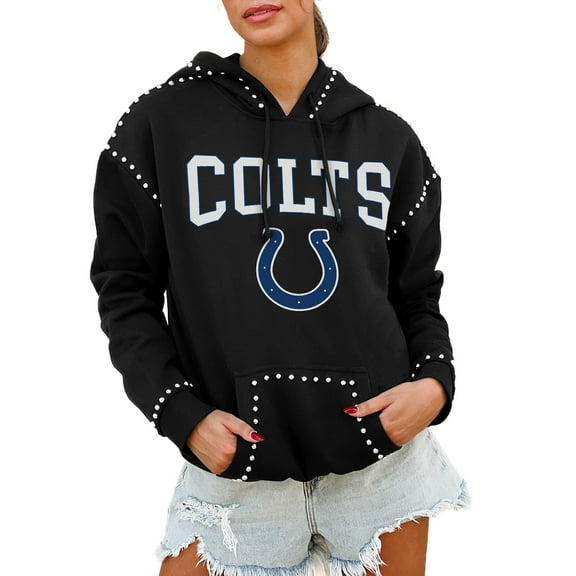 Women's Gameday Couture Black Indianapolis Colts Oversized Catch the Vibe Studded Pullover Hoodie