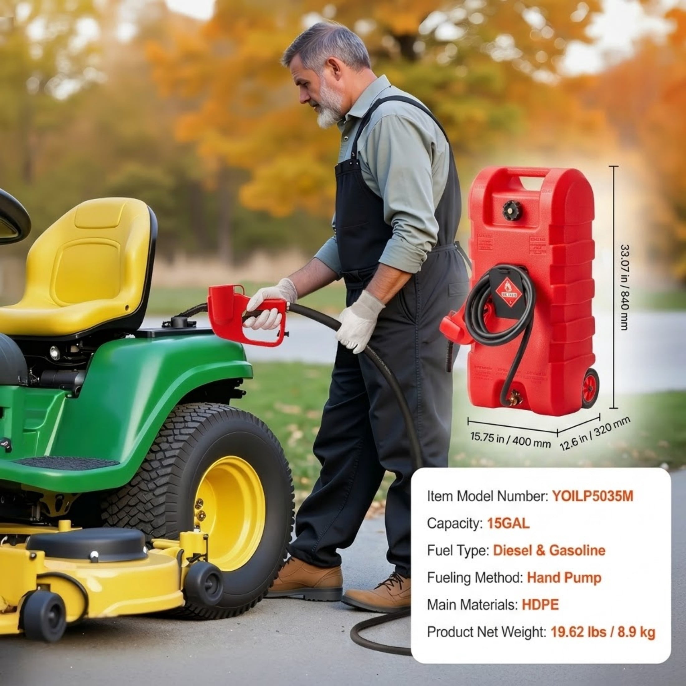 15 Gallon Fuel Caddy, Portable Gas Tank with Gravity & Hand Pump Modes, 10ft Hose and Wheels, Gasoline & Diesel Container for Boats and ATVs