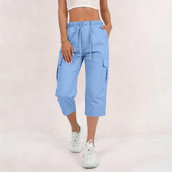 Costeam Womens Solid Flap Pocket Cargo Capri Cropped Pants Dual Side Utility Patch Pockets Button Elastic Drawstring High Waist Loose Fit Mid Calf Outdoor Casual Trouser Bottoms