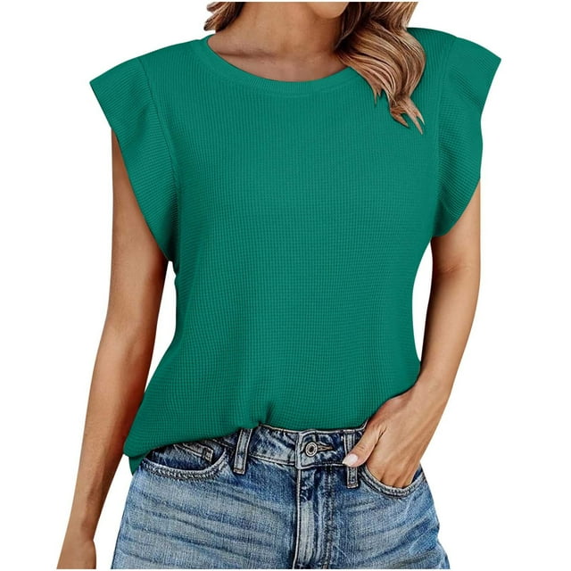 Mujeres de Verano Camisetas Sueltas de Ajuste sin Mangas Manga de Ruffle, Sólido Moderno Casual Básico Top