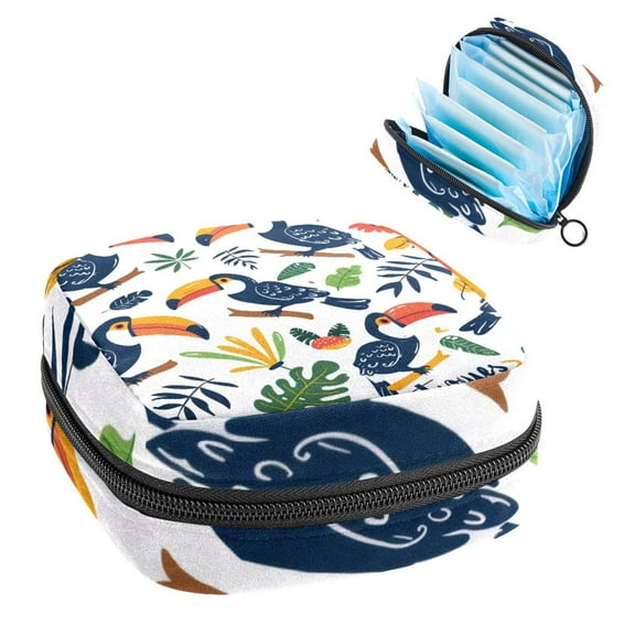 Sanitary Napkin Storage Bag for Girls Women, Portable First Period Pads Bag Tampons Holder Girls Travel Makeup Bag, Large Capacity Cute Toucan Birds and Leaves Seamless Pattern