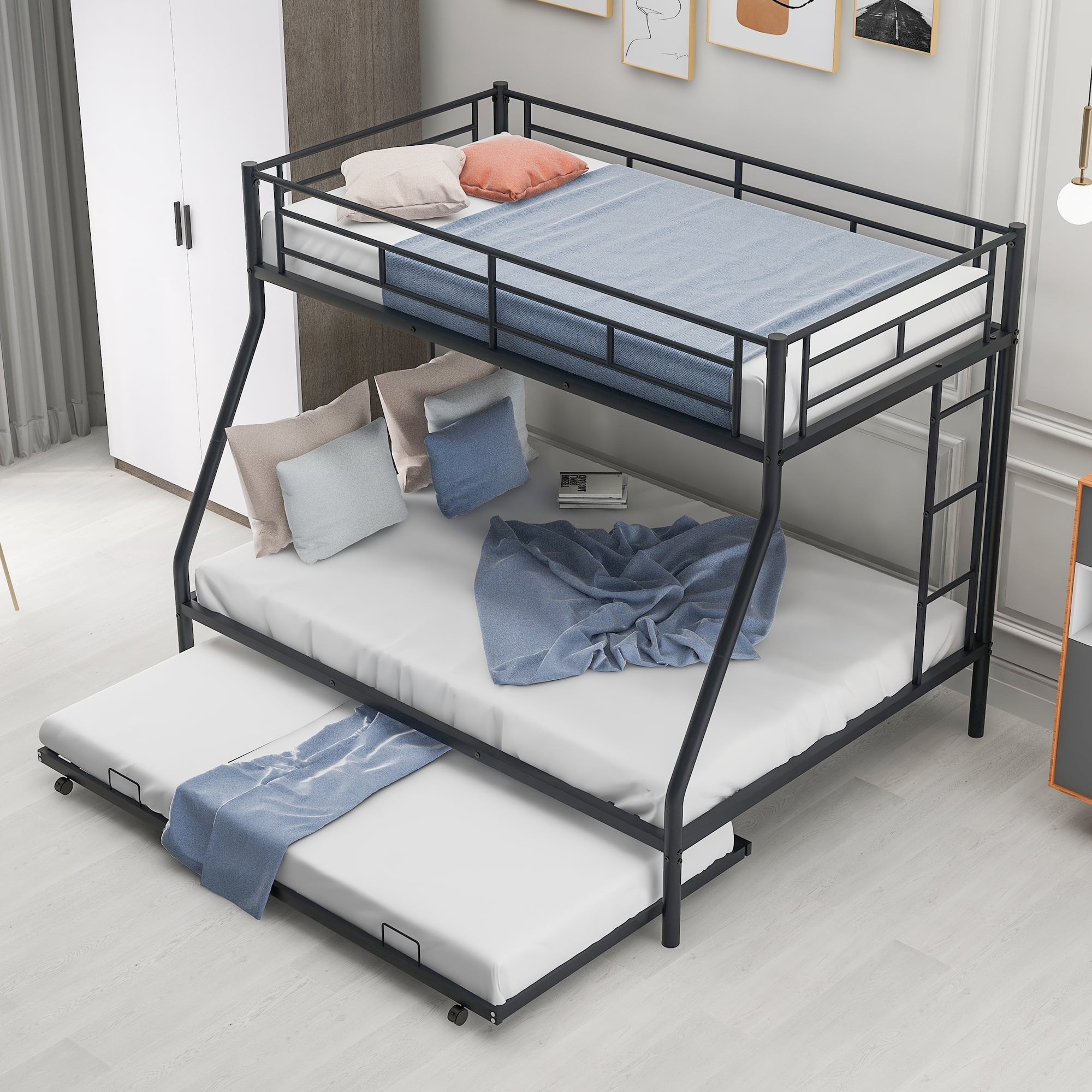 Leumius Twin Over Full Bunk Beds with Twin Trundle,Heavy Duty Metal Bed Frame with Sturdy Steel Frame,Triple Bunk Bed with Two-Side Ladders & Safety Guard Rails for Boys Girls Adults,Black