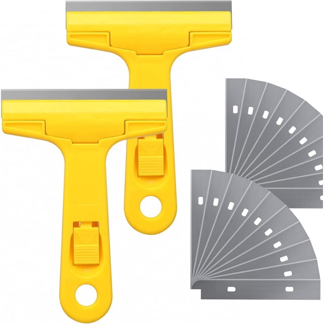 2pack Razor Blade Scraper, Industry Glass Window Scraper, Heavy Duty Cleaning Scraping Hand Tool with 20pcs Blades for Putty Residue Stains Paints Glue Mud Wallpaper Removing Remover Cleaner (Yellow)