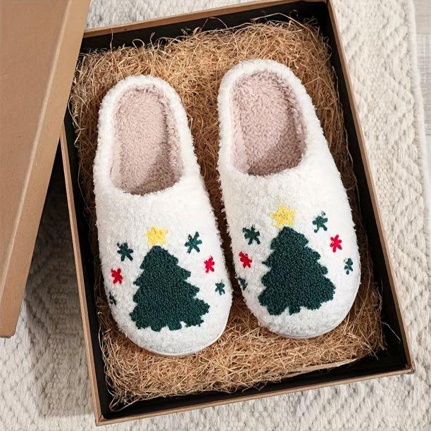 Cartoon Christmas Deer Print Slippers, Slip On Round Toe Non-slip Fuzzy Warm Home Slippers, Plush Cozy Indoor Shoes