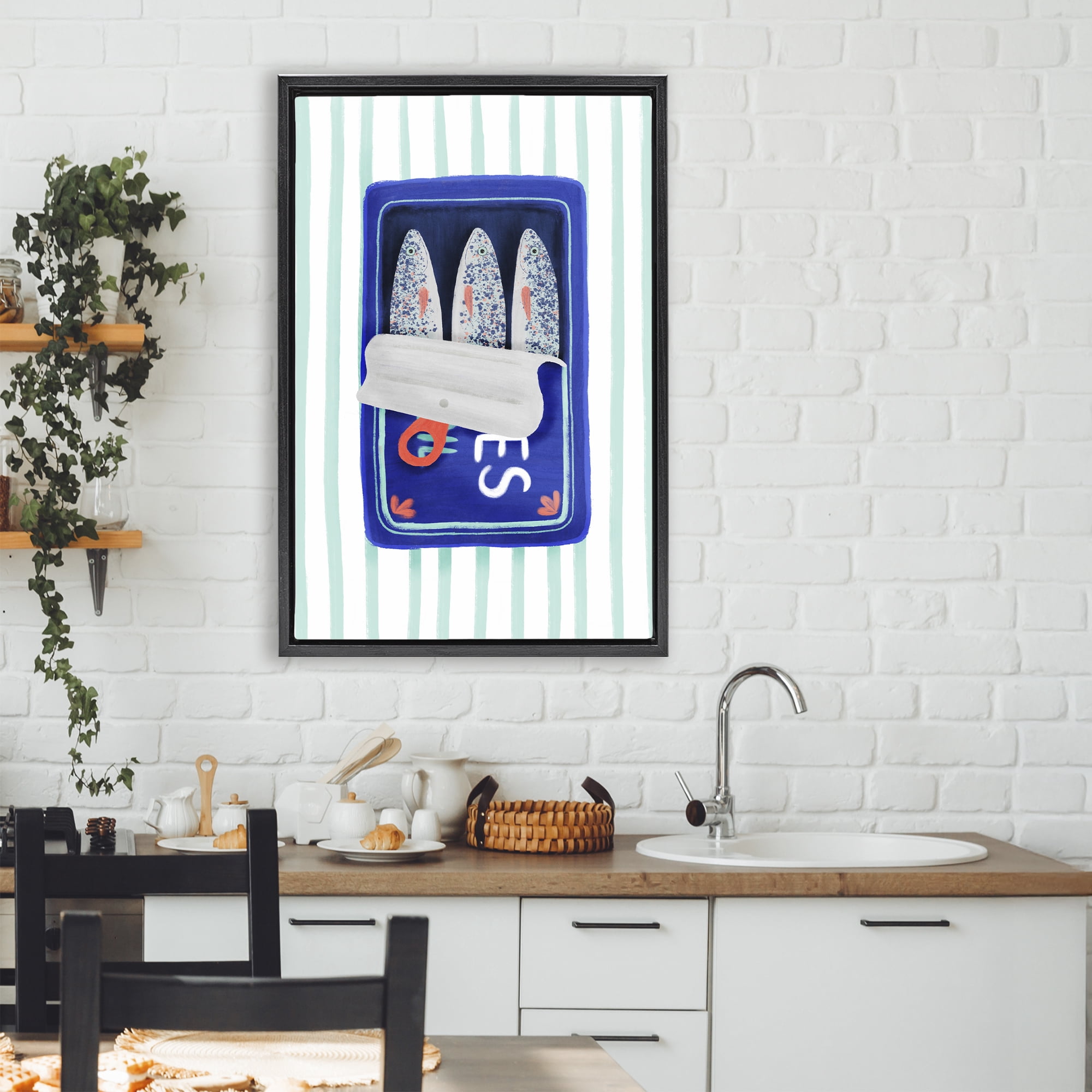 Stupell Industries Blue Sardines on Stripes Black Framed Floater Canvas Wall Art, design by Metka Hiti