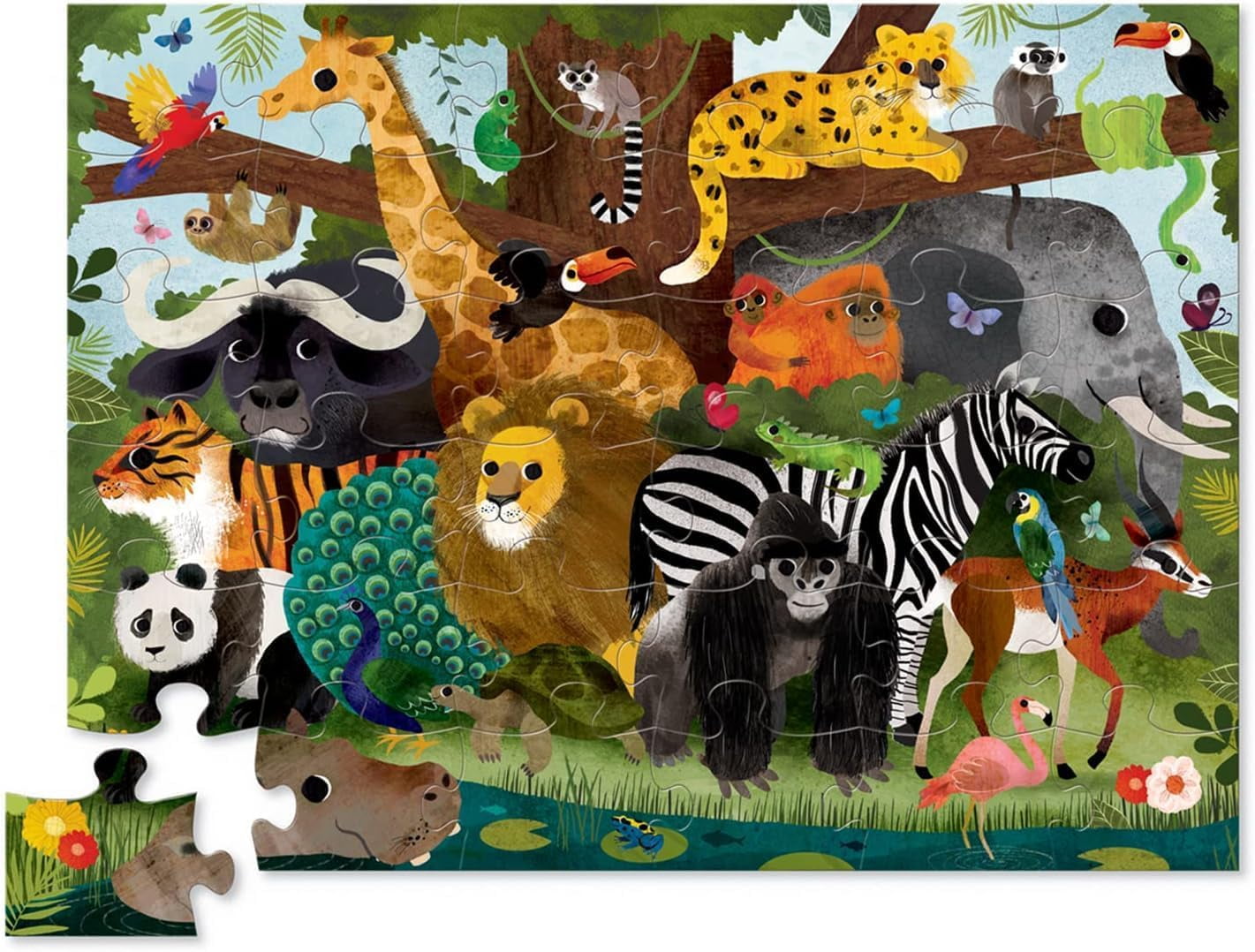 Crocodile Creek 36-Piece Jigsaw Floor Puzzle - Fun Floor Puzzles for Kids Ages 3-5 - Heavy-Duty Shaped Box for Storage - Jungle Friends - 27" W x 20" H Finished