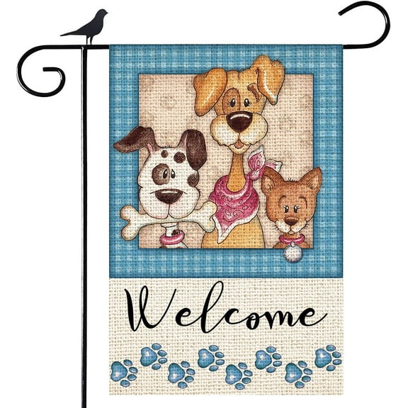 Shmbada Welcome Dogs Puppy Paw Print Garden Flag Double Sided 12"x18" Outside Decorations Yard Flags for Spring Outdoor Decor