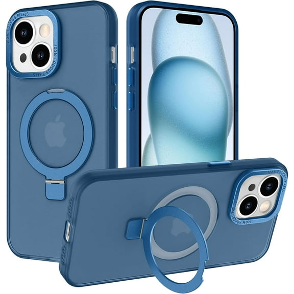 Magnetic for iPhone 15 Plus Case with Stand[Compatible with MagSafe]，Shockproof Magnetic Kickstand Slim Translucent Cover for iPhone 15 Plus Case with Ring Stand,Blue