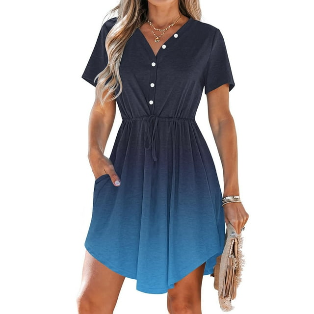 LOVZFMLL Robe d'Été Décontractée pour Femme à Manches Courtes, Col en V, Boutonnée, Robe de Plage pour Vacances et Voyages avec Poches, Bleu Foncé B L