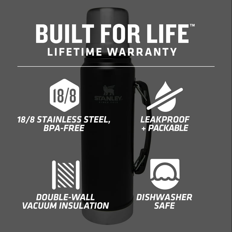 Stanley Classic Thermos Leak Proof Insulated Vacuum Bottle 1.1 qt - Matte  Black 