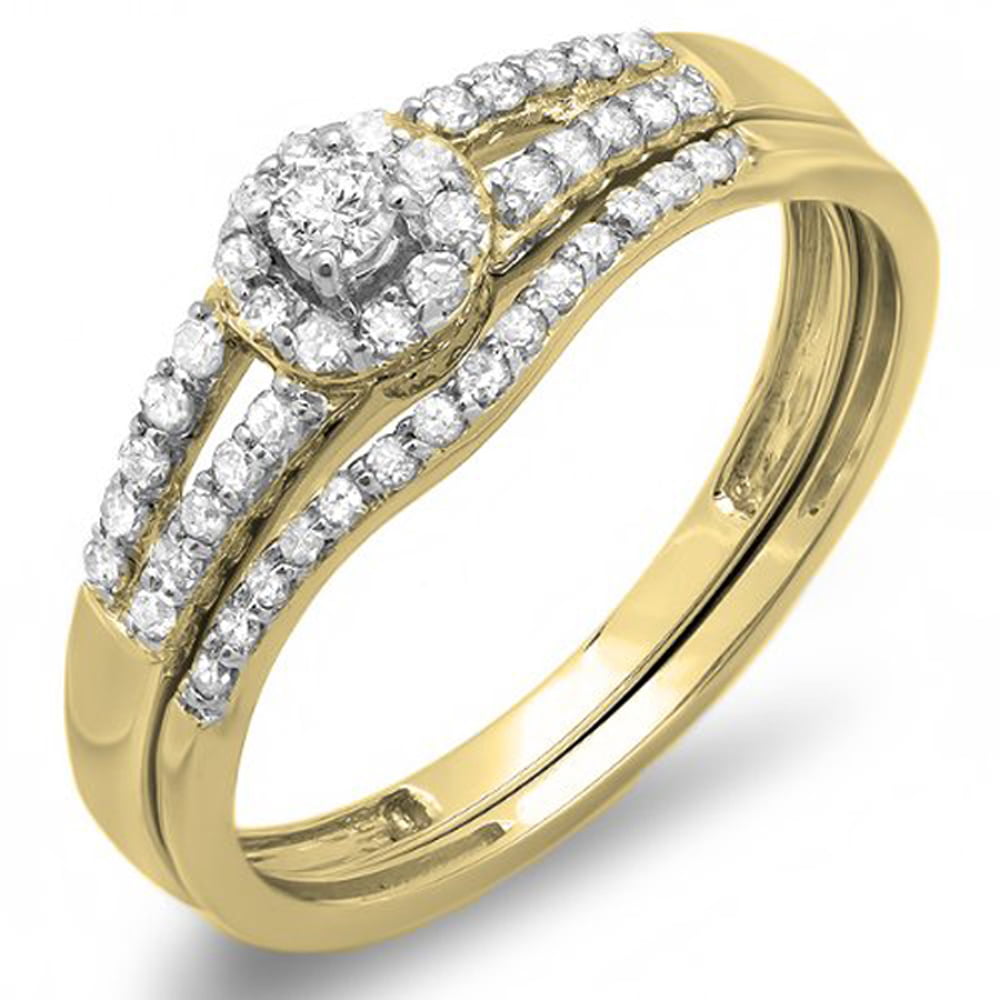 ctw Dazzlingrock Collection 0.15 Carat 10K Gold Round Champagne and White Diamond Halo Engagement Bridal Ring Set Wedding Band