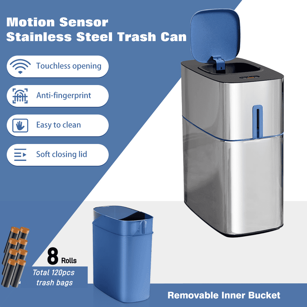 Joybos 3 Gallon Motion Sensor Hands Free Soft Close Lid Bathroom Stainless Steel Trash Can with 120 Bags