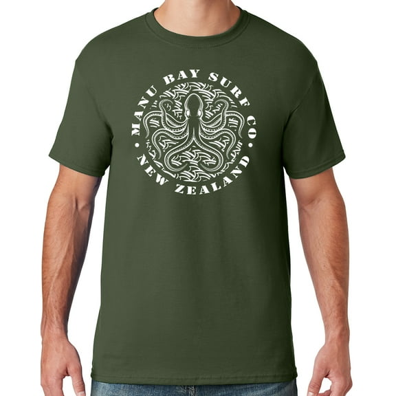 Mens Manu Bay Surf Company WHITE OCTOPUS T-shirt, Medium Military Green