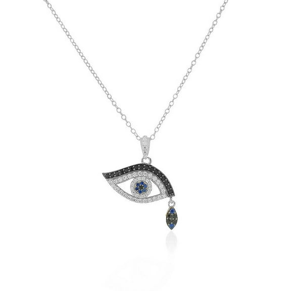925 Sterling Silver Blue Black CZ Evil Eye Tear Pendant Necklace, 18"