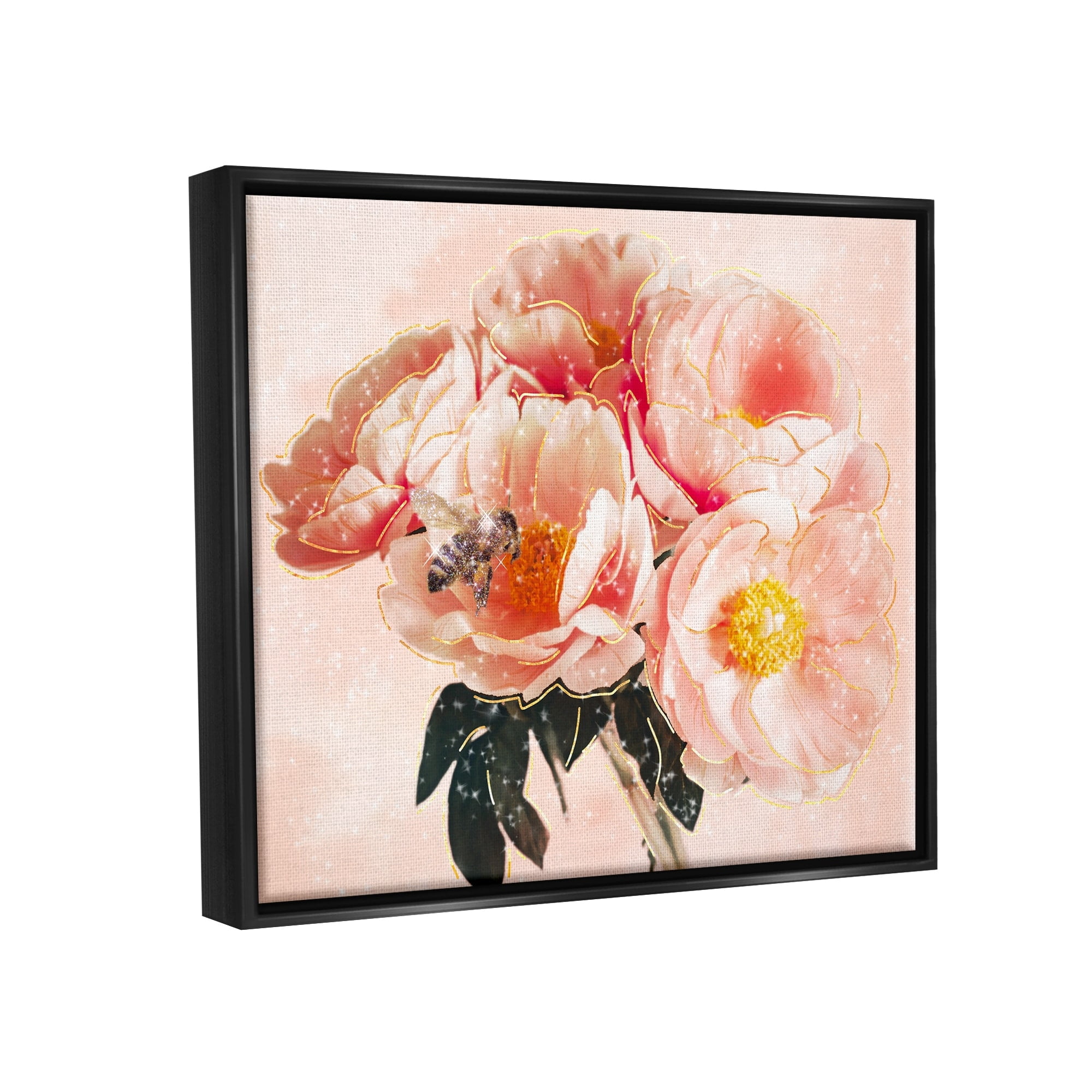 Stupell Industries Shimmering Bumble Bee Trendy Pink Glam Flowers Graphic Art Jet Black Floating Framed Canvas Print Wall Art, Design by Ziwei Li
