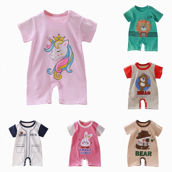 Gubotare Boys Onesie Summer Thin Male And Female Cartoon Pattern Home Short Sleeved Romper Relax Fit One-Piece Clothing(Khaki,6-9 Months)