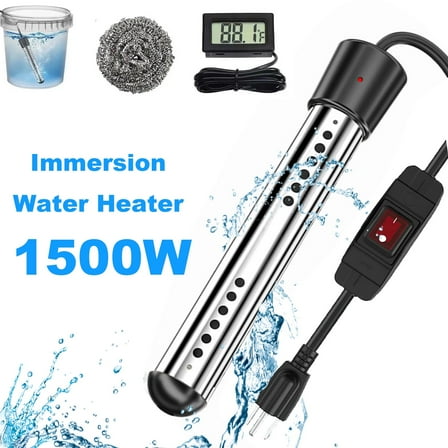 Immersion Water Heater, 1500W Submersible Anti-scalding Bucket Heater with 304 SS Guard, Bathtub with Stainless Steel Guard & Digital LCD Thermometer & Wool Scrubber