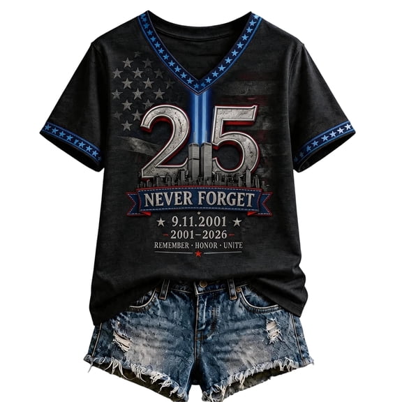 DORKASM Women's Vintage 911 Memorial Never Forget American Flag Honor Faith Tshirt V Neck Short Sleeve Tops Dark Green L