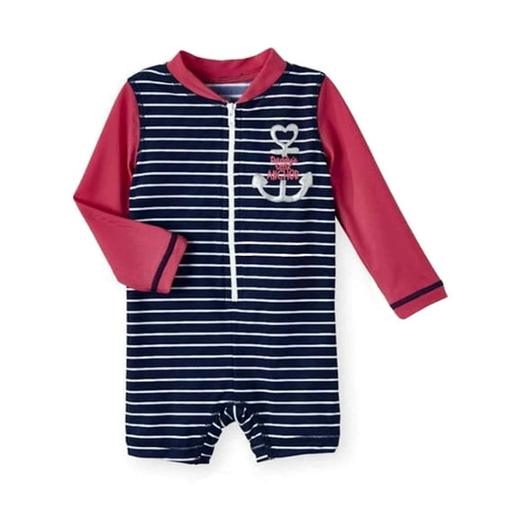 Infant Girls Long Sleeve Blue Stripe Anchor Print Rash Guard Baby Swim Suit 3-6m