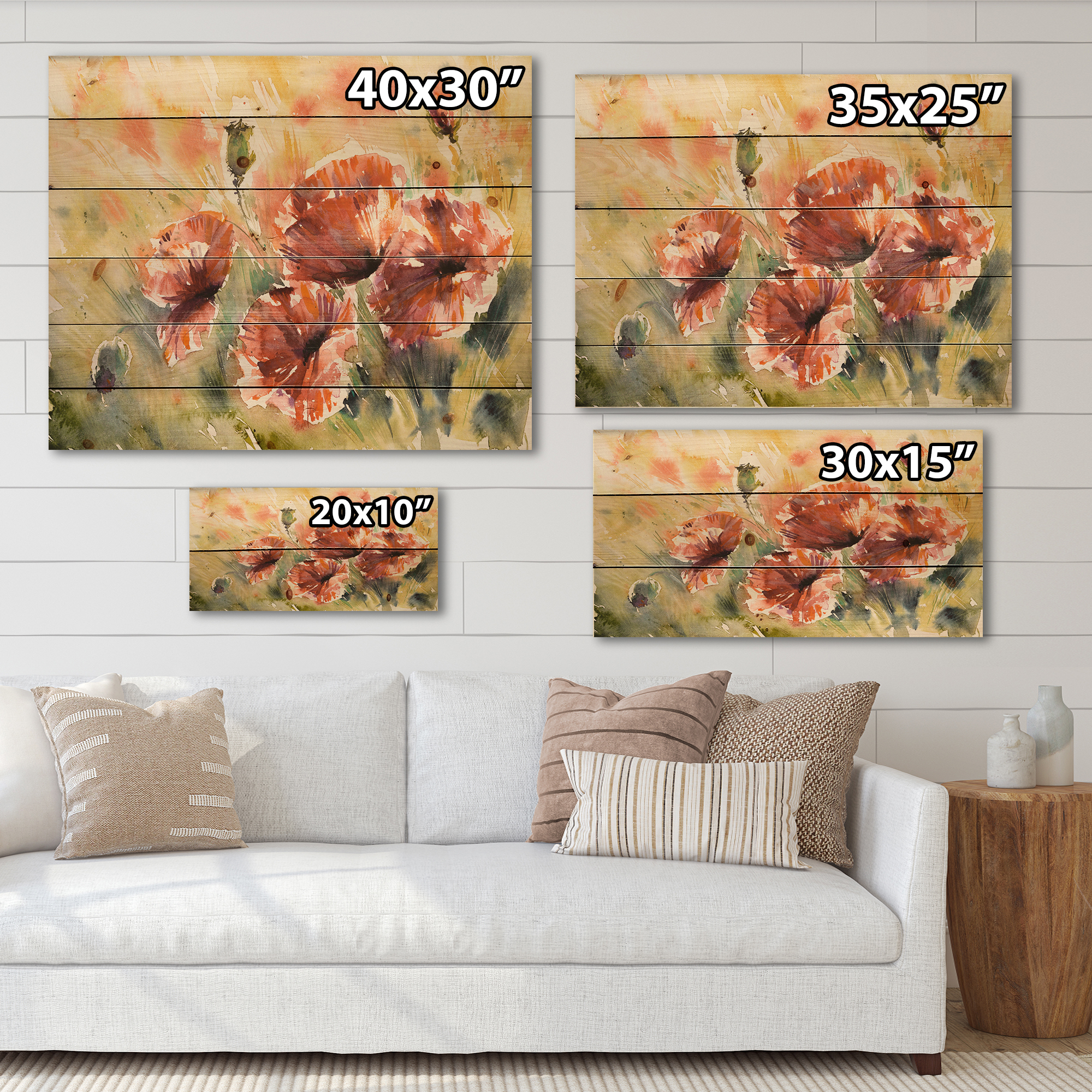 Designart 'Abstract Red Poppy On A Field' Traditional Print on Natural Pine Wood