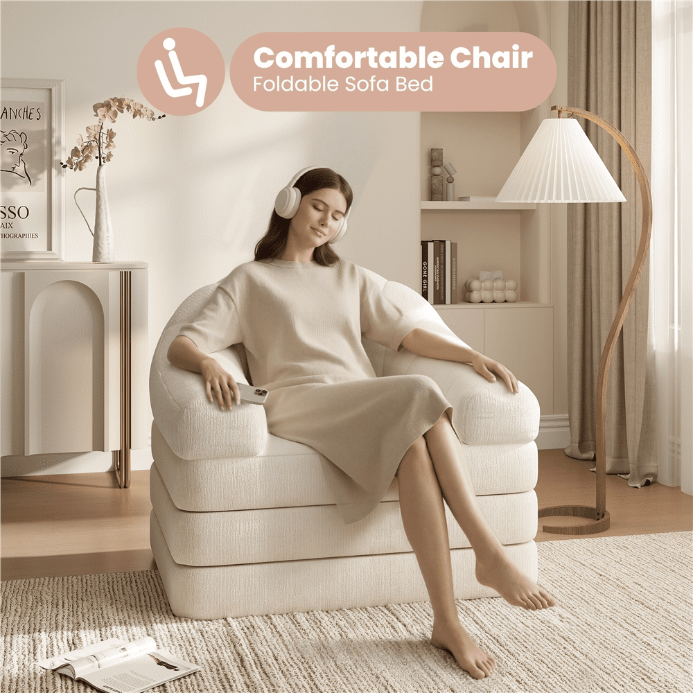 Renwick 2-in-1 Convertible Sofa  Bed Folding Sleep Chair Bed Chenille Sofa with Armrests  for Living Room and Bedroom, Beige