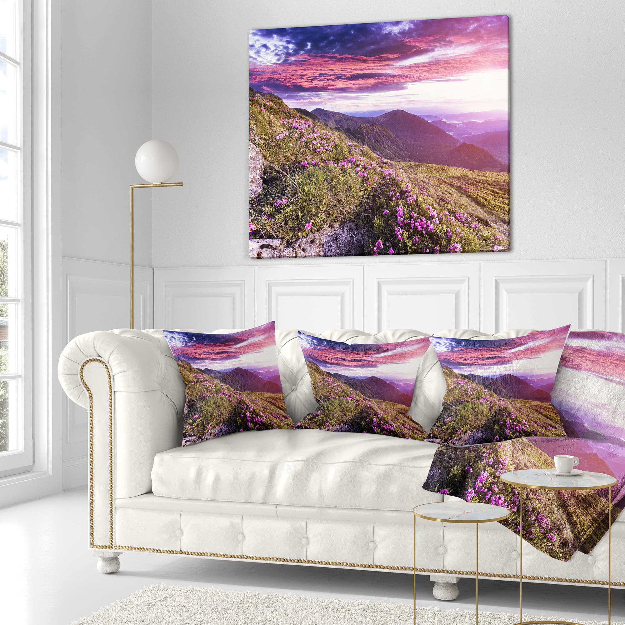 Designart Rhododendron Flowers in Hills - Landscape Photo Throw Pillow - 18x18