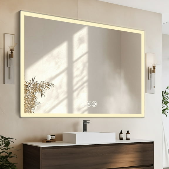 LED Bathroom Mirror with Defogger, Brightness Control and Power Button, Silver Frame