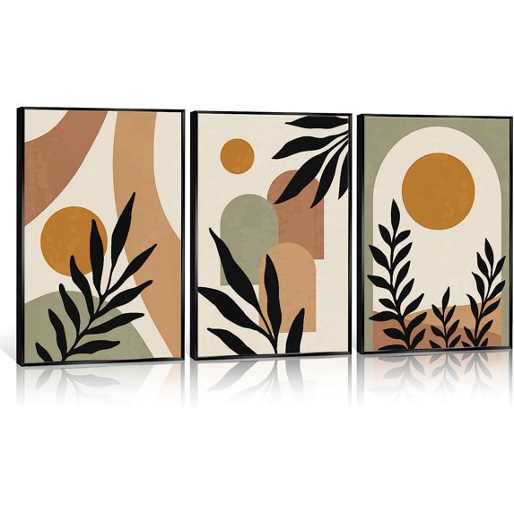 Minimalist Boho Abstract Canvas Wall Art Mid-Century Modern Beige Set of 3 Poster Neutral Geometric Line Sun Floral Prints Painting Rustic Cottage Decor Living Room Bedroom 12x16in Framed