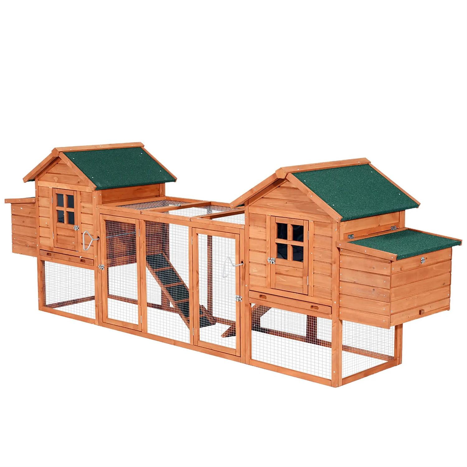 Pefilos 124" Outdoor Wooden Dual Chicken Coop with Nesting Box, Runs, Farm Hen House 3-6 Hens, Weatherproof Pet House for Rabbits, Poultry, Orange