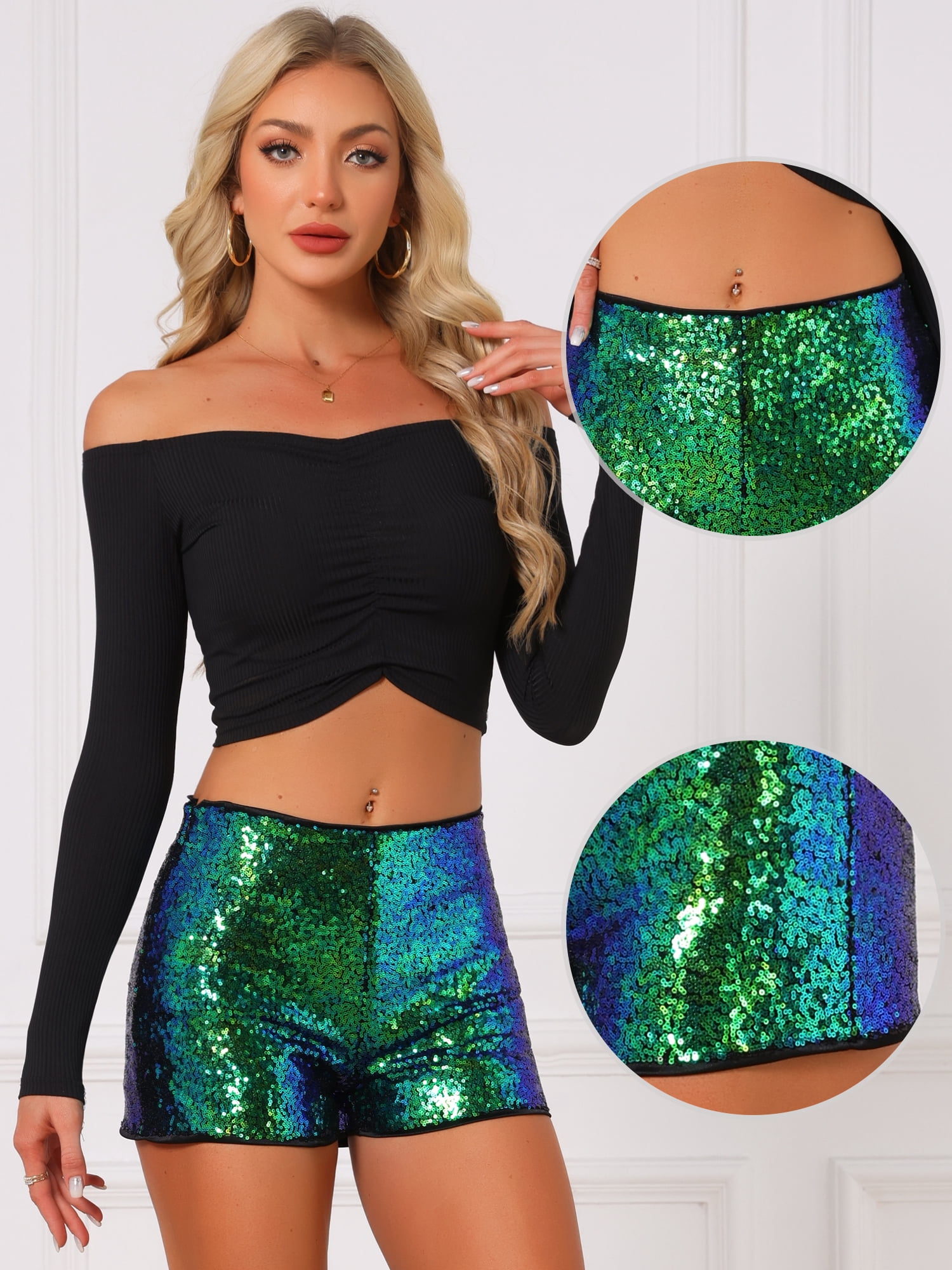 DARING DIVA Women's Midrise Solid Sparkle Coctail Elastic Waist Sequin Shorts M Deep Green