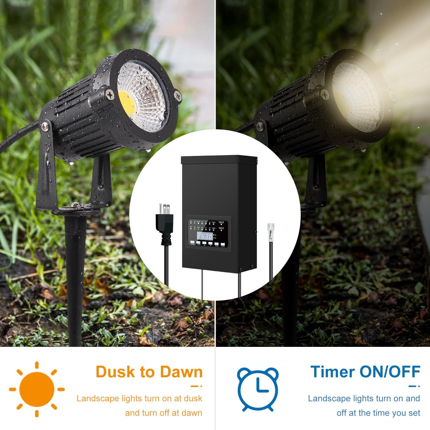 300W Low age Landscape Lighting Transformer, Outdoor Patio Transformer with 2 Individually Controlled Outputs 120V to 12V/14V Timer and Light Sensor