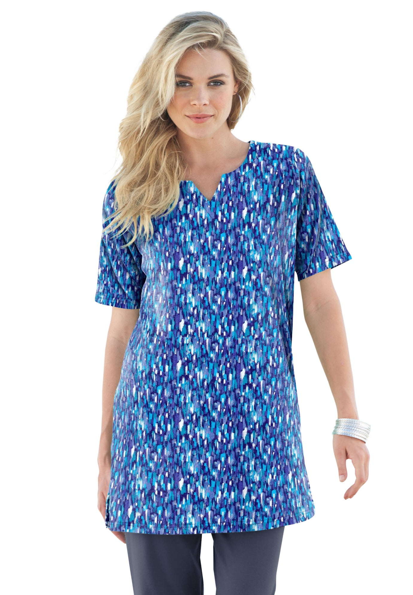 Roamans Plus Size Navy Blue Print Notch-Neck Soft Bahrain Ubuy