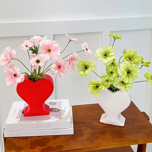 Heart-Shaped Decorative Vase - Clear Glass/Matte Finish Flower Vase for Fresh Flowers, Artificial Bouquets, Valentine’s Day Wedding Centerpiece, Home Living Room Bedroom Table Ornament, 6*6*2in, Red