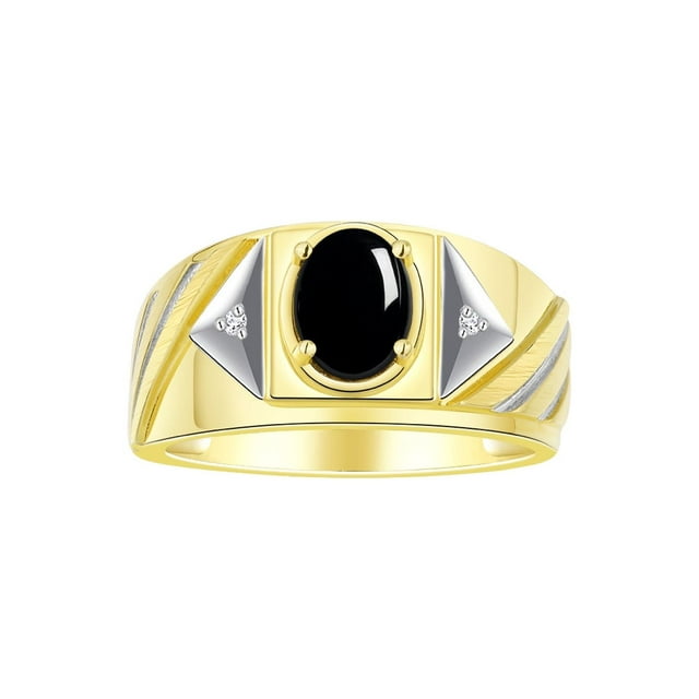 RYLOS Men's Rings Yellow Gold Plated Silver Rings Classic Designer Style 8X6MM Gemstone & Diamond Ring Cabochon Onyx Birthstone Rings For Men Size 8