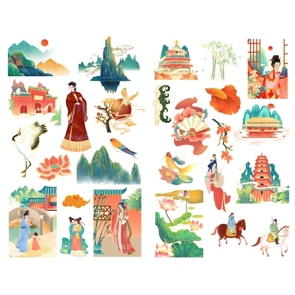 Retro Chinese Pattern Precut Cute Aesthetic Diary Travel Paper Journal Stickers Scrapbooking Stationery Sticker Flakes Art Supplies