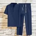 thumbnail image 2 of FRSASU Men's 2 Pieces Cotton Linen Set Henley Shirt Short Sleeve and Casual Beach Pants Summer Yoga Outfits Navy, 2 of 6