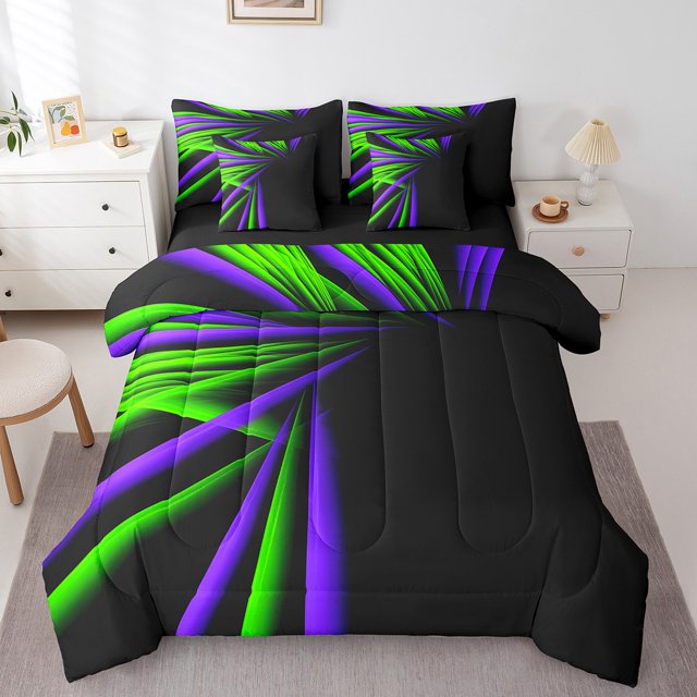 Erosebridal Ensembles de Literie Ombrés Abstraits Néon Format Très Grand, Ensembles de Couette Rétro à Rayures Géométriques avec Draps, Vert Violet, Réversible