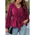 thumbnail image 3 of Solid V Neck Long Sleeve Textured Peplum Hem Blouse for Women Burgundy Large, 3 of 5