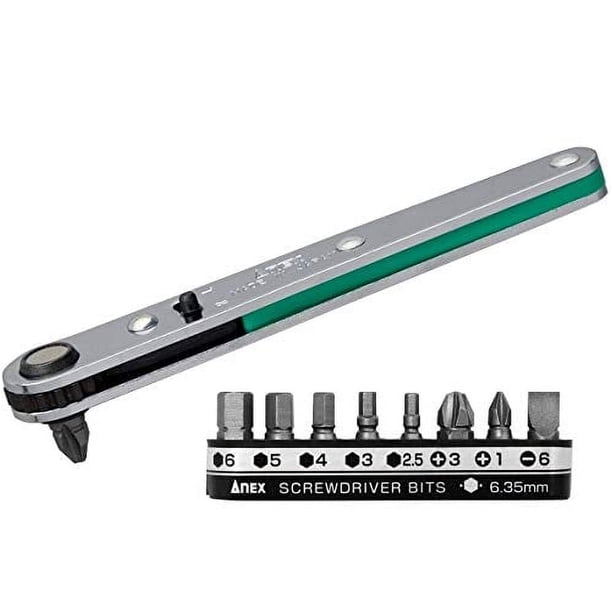 Destornillador de trinquete de perfil bajo ANEX Ultra y llave hexagonal de 90 grados para áreas estrechas (juego de 9 bits magnéticos), cabeza plana recta, color verde.