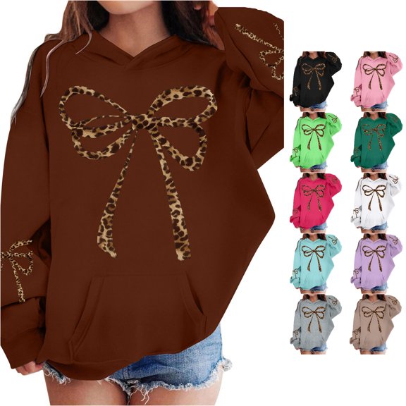MEZZALL Girls Hoodies Leopard Print Hooded Sweatshirt Soft Pullover With Pocket Casual Long Sleeve Fall 2026 Tops , Brown