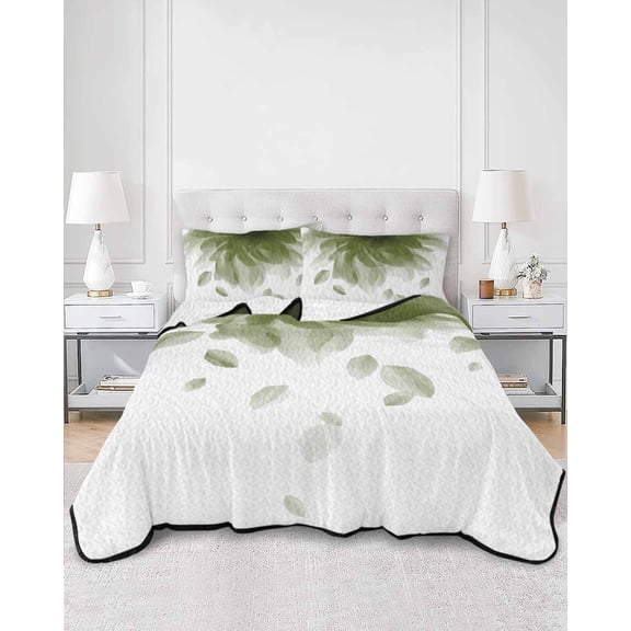 Quilts King Size, Modern Sage Green Soft Comforter Bedding Set for Bed, Gradient Floral Abstract Bohemian White Lightweight Quilted Bedspread with Pillow Cover(2 Pieces) for All Season, 96x106 Inch